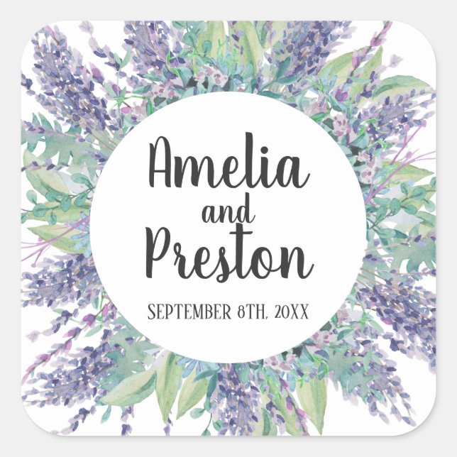 Lavender Love Purple Floral Eucalyptus Wedding Square Sticker (Front)