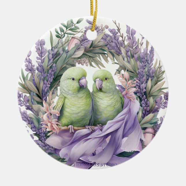 Lavender Lovebirds  Ceramic Tree Decoration (Front)