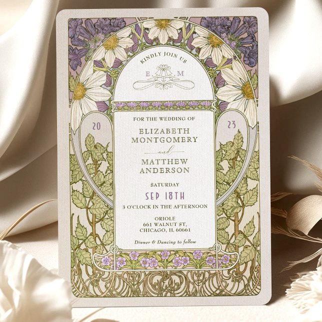 Lavender Marguerite Daisy Wedding Art Nouveau Invitation (Creator Uploaded)