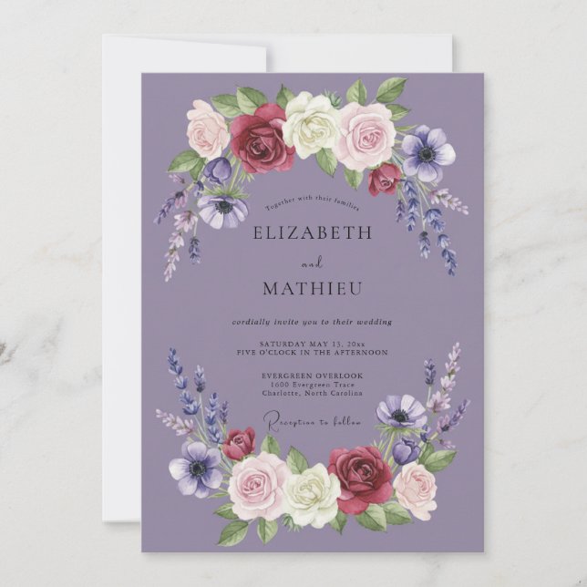 Lavender Maroon Bloom Wedding Invitation (Front)