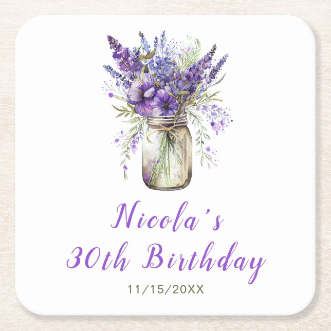 Lavender Mason Jar Birthday Square Paper Coaster (Front)