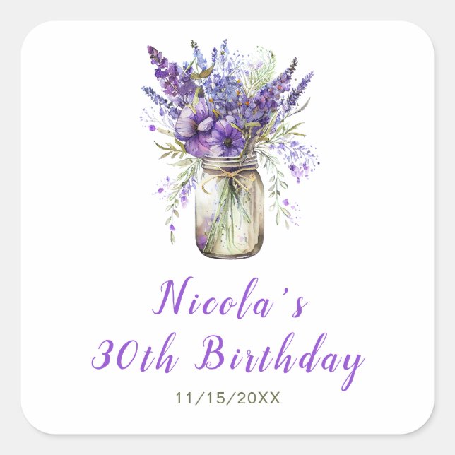 Lavender Mason Jar Birthday Square Sticker (Front)