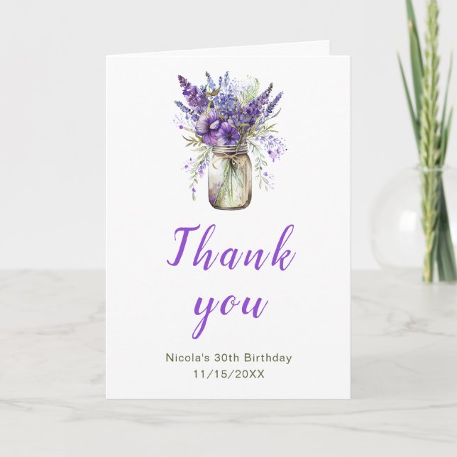 Lavender Mason Jar Birthday Thank You Card (Front)