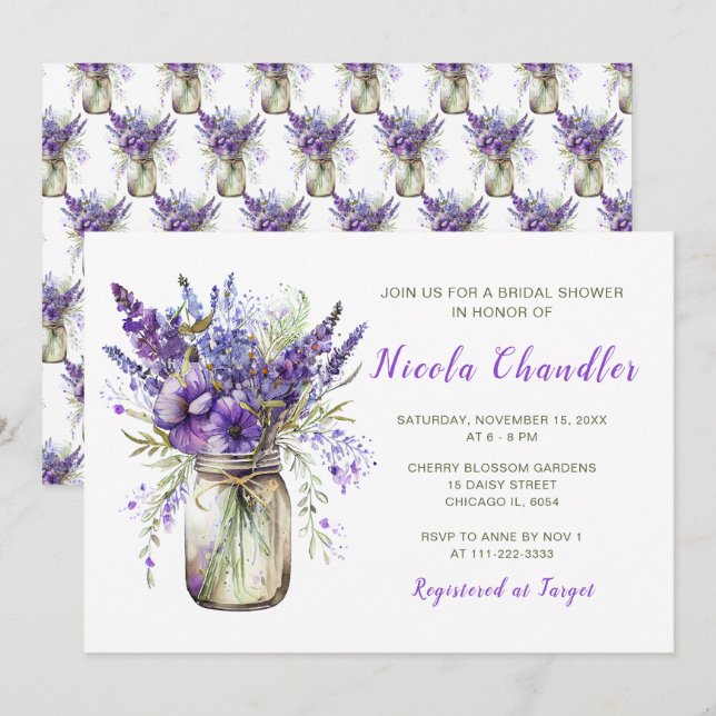 Lavender Mason Jar Bridal Shower Invitation (Front/Back)