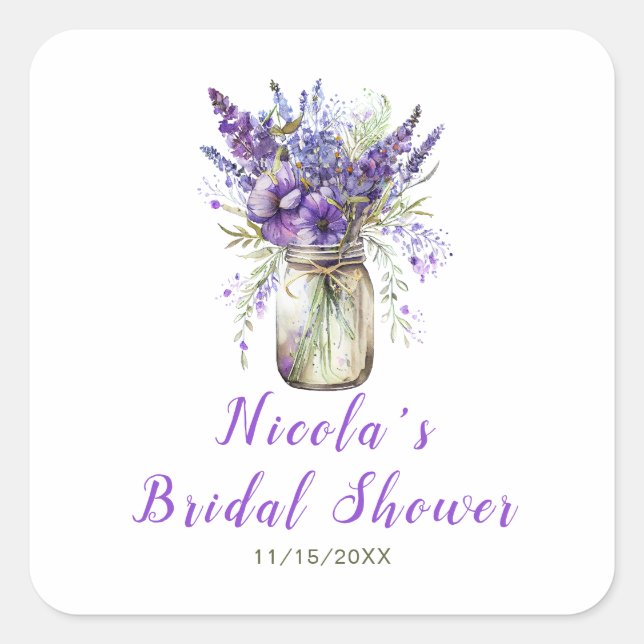 Lavender Mason Jar Bridal Shower  Square Sticker (Front)
