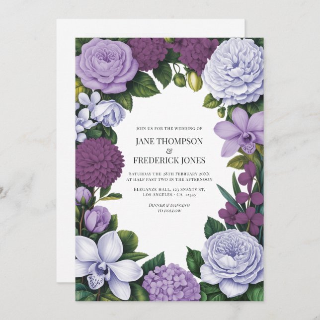 Lavender, Mauve & Plum Floral Wedding Invitation (Front/Back)