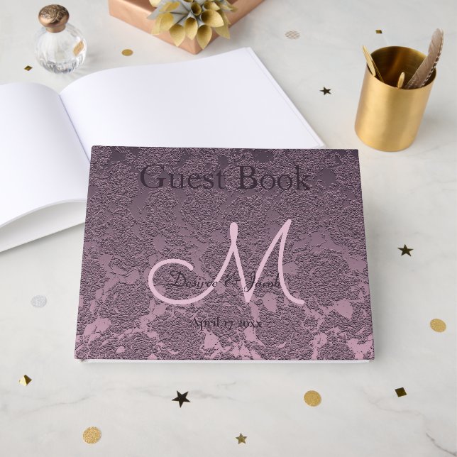 Lavender Mauve Purple Wedding Reception Monogram Guest Book (Front Open)