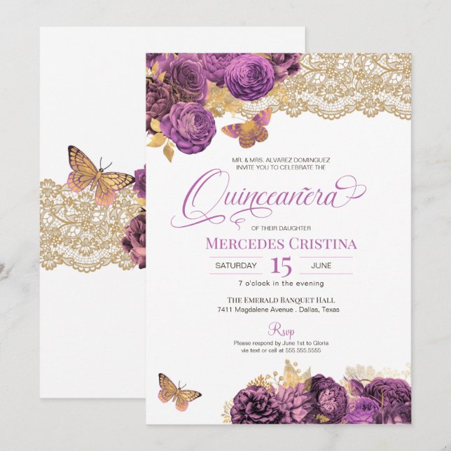 Lavender Mauve Roses & Lace Butterfly Quinceañera  Invitation (Front/Back)
