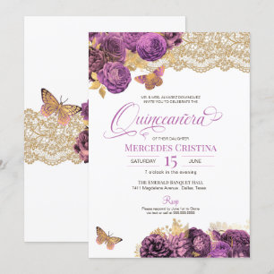 Lavender Mauve Roses & Lace Butterfly Quinceañera Invitation