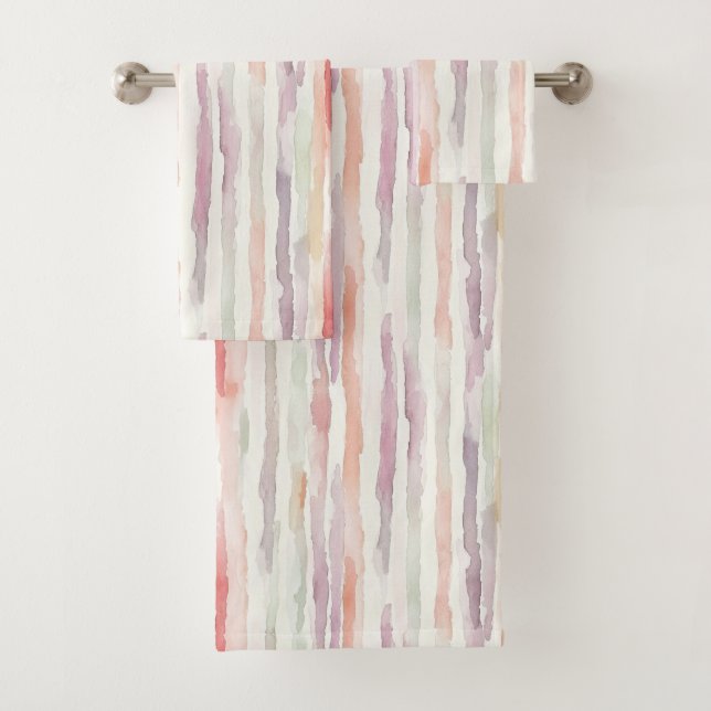 Lavender Melon Pink White Stripes Bath Towel Set (Insitu)