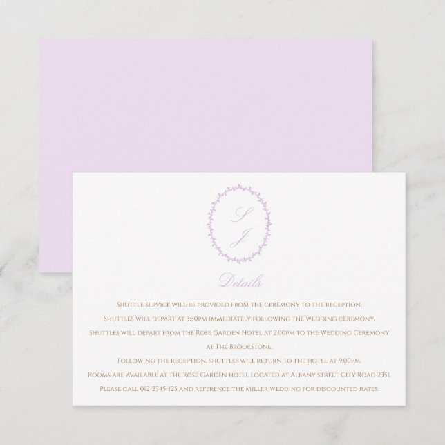Lavender Minimalist Monogram Wedding Enclosure Card (Front/Back)
