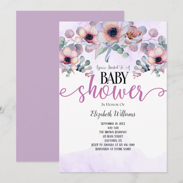 Lavender Mint Pink Flowers Baby Shower Invitation (Front/Back)