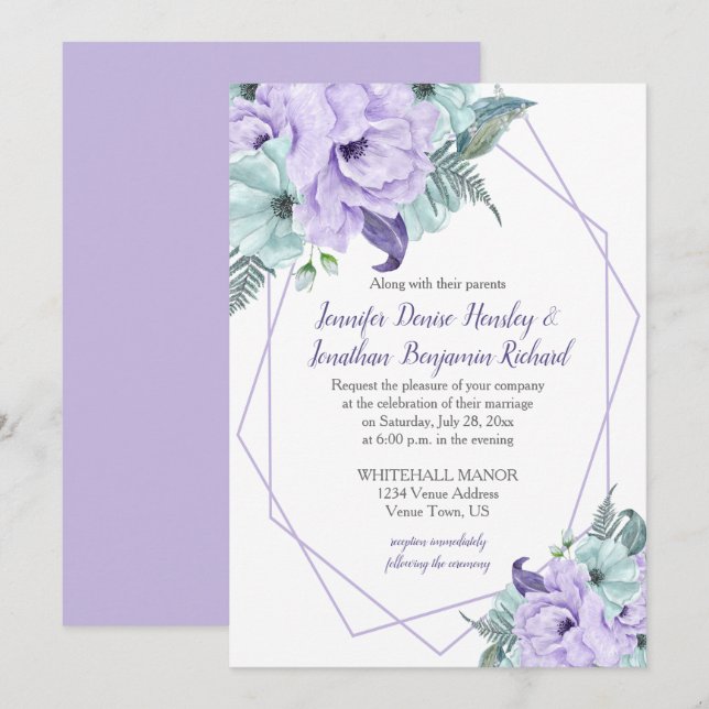 Lavender Mint Purple Geometric Watercolor Peonies Invitation (Front/Back)