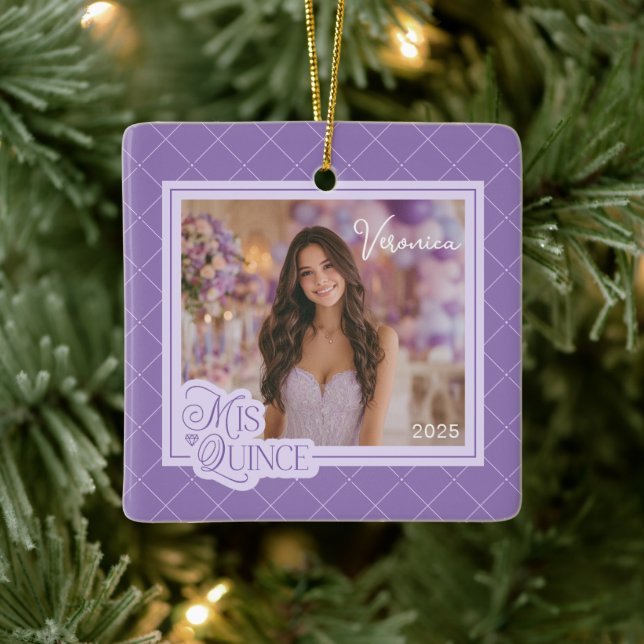Lavender Mis Quince Photo Quinceanera Keepsake Ceramic Ornament (Tree)
