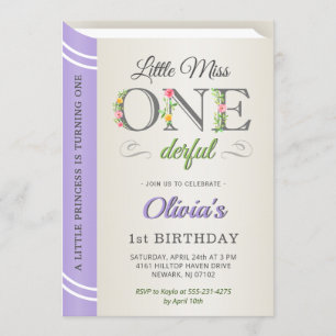 Lavender Miss Onederful Girl 1st First Birthday Invitation