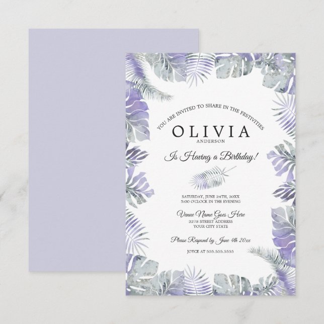 Lavender Mist Watercolor Tropical Leaves Birthday Invitation (Front/Back)