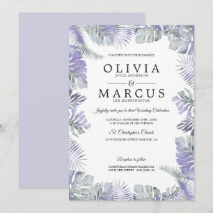 Lavender Mist Watercolor Tropical Leaves Wedding Invitation
