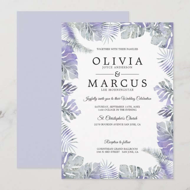 Lavender Mist Watercolor Tropical Leaves Wedding Invitation (Front/Back)