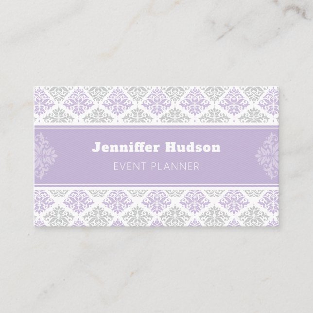 Lavender modern damask customisable business card (Front)