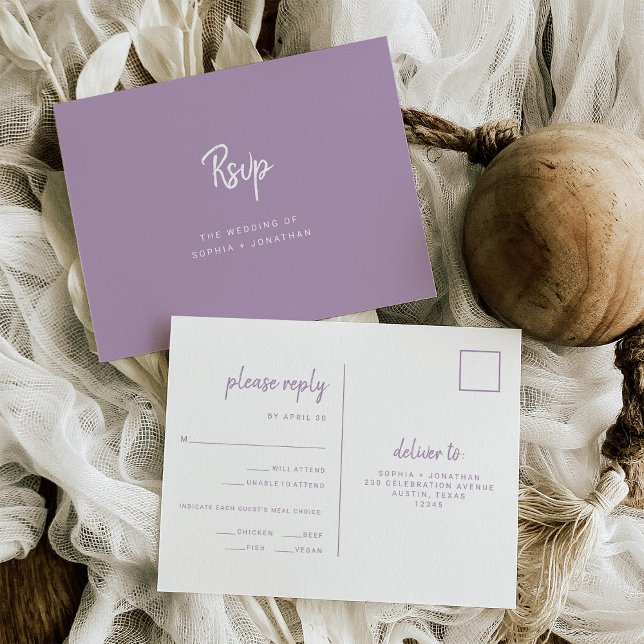Lavender Modern Script Wedding Meal Choice RSVP Postcard (Creator Uploaded)