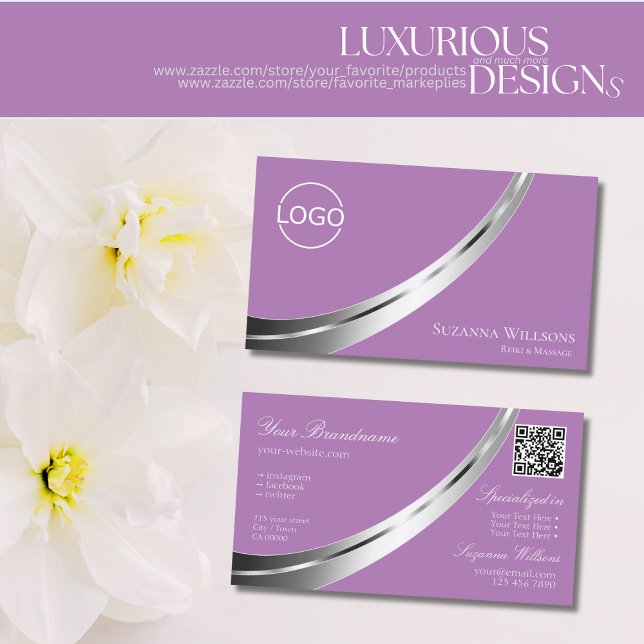 Lavender Modern Silver Decor with Logo and QR-Code Business Card (Creator Uploaded)