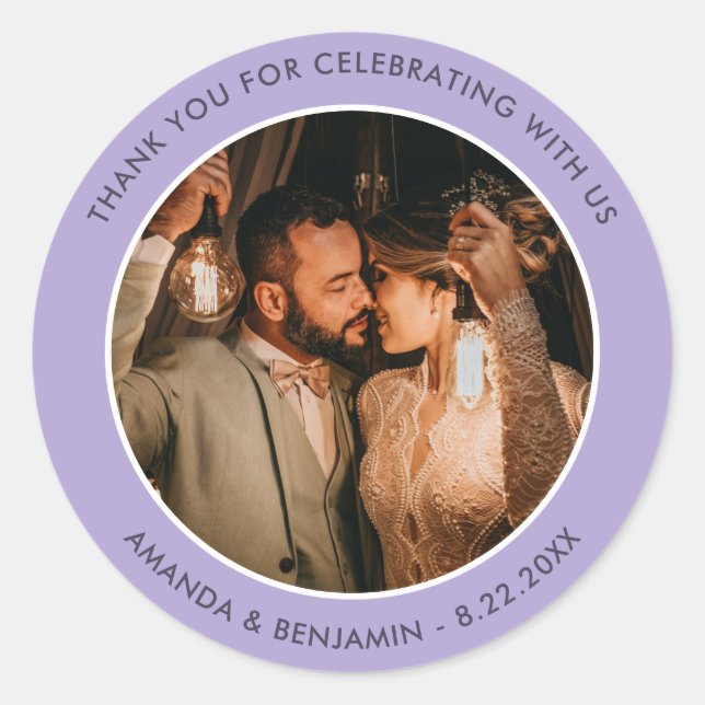 Lavender Modern Thank You Photo Wedding Favour Classic Round Sticker (Front)