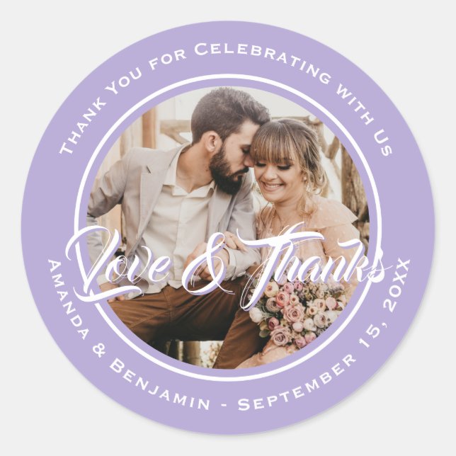 Lavender Modern Thank You Wedding Photo Favour Classic Round Sticker (Front)