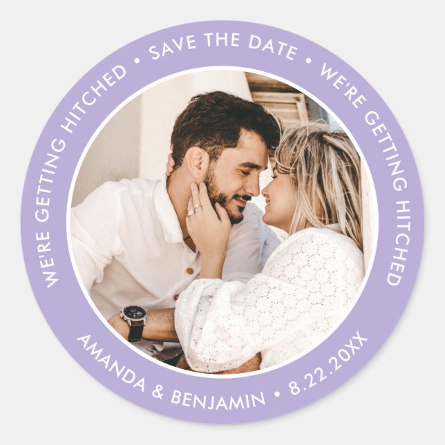 Lavender Modern Wedding Photo Save The Date Classic Round Sticker (Front)