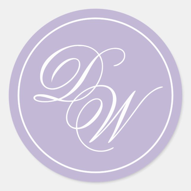 Lavender Monogram 2 Initials Purple White Script  Classic Round Sticker (Front)