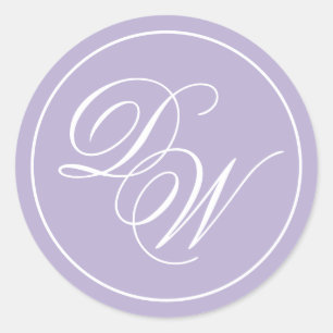Lavender Monogram 2 Initials Purple White Script  Classic Round Sticker