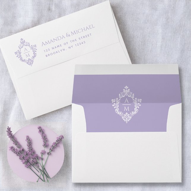 Lavender Monogram in Crest Address Elegant Wedding Envelope (Creator Uploaded)