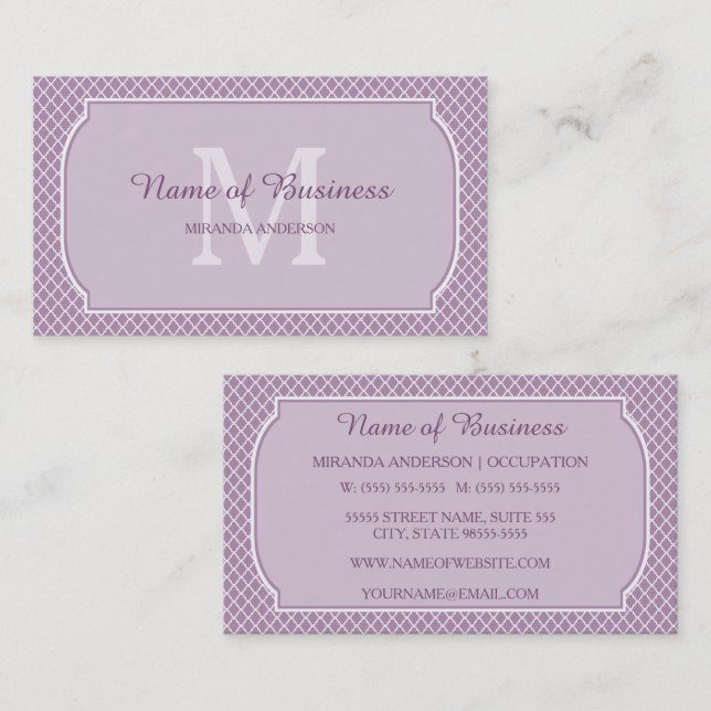 Lavender Monogram Lattice Border Business Card (Front/Back)