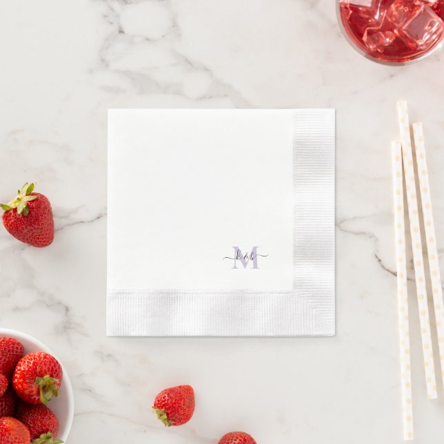 Lavender Monogram Swash Script White Cocktail Napkin (Insitu)