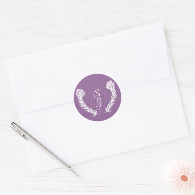 Lavender Monogram Wedding Classic Round Sticker (Envelope)