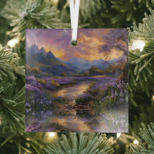 Lavender Mountain Valley at Dawn Glass Tree Decoration