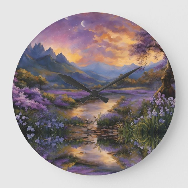 Lavender Mountain Valley at Dawn Large Clock (Front)