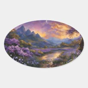 Lavender Mountain Valley at Dawn Oval Sticker
