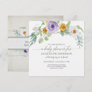 Lavender n Amber Rose Floral Wood Baby Shower Girl Invitation