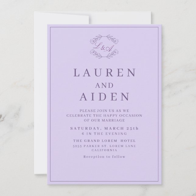 Lavender nature inspired floral spring wedding invitation (Front)