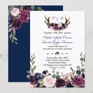 Lavender Navy Blue Floral Bloom Antlers Wedding Invitation
