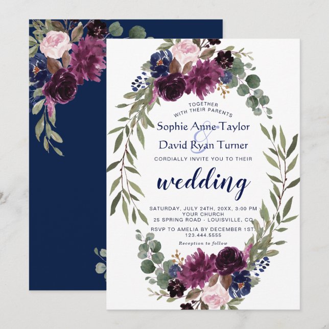 Lavender Navy Blue Floral Bloom Wedding Invitation (Front/Back)