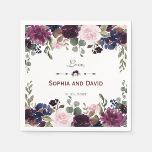 Lavender Navy Blue Floral Bloom Wedding Napkin