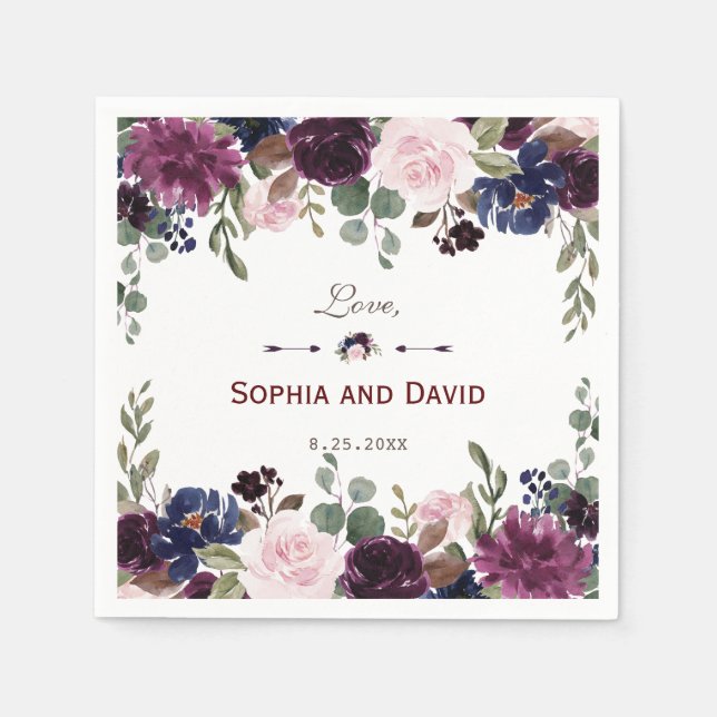 Lavender Navy Blue Floral Bloom Wedding Napkin (Front)