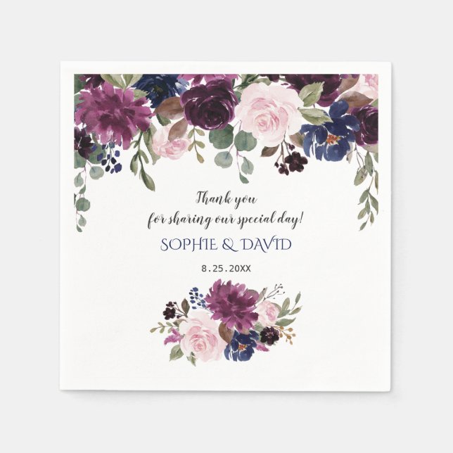 Lavender Navy Blue Floral Bloom Wedding Planner Napkin (Front)