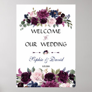 Lavender Navy Blue Floral Bloom Wedding Sign