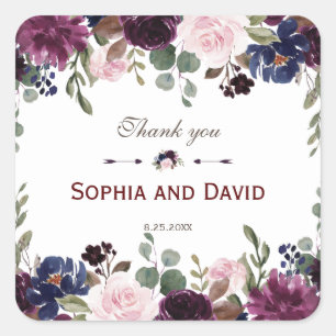 Lavender Navy Blue Floral Bloom Wedding Square Sticker