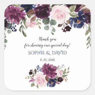 Lavender Navy Blue Floral Bloom Wedding Square Sticker