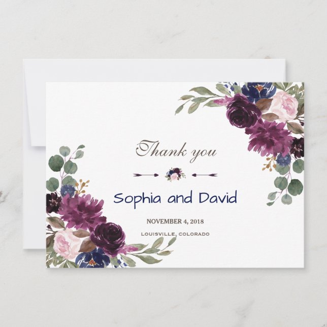 Lavender Navy Blue Floral Bloom Wedding Thank you (Front)
