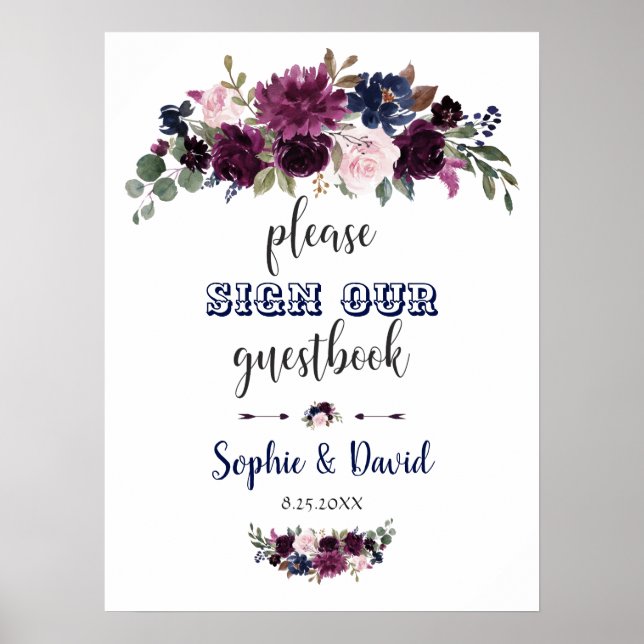 Lavender Navy Floral Please Sign Our Guestbook (Front)