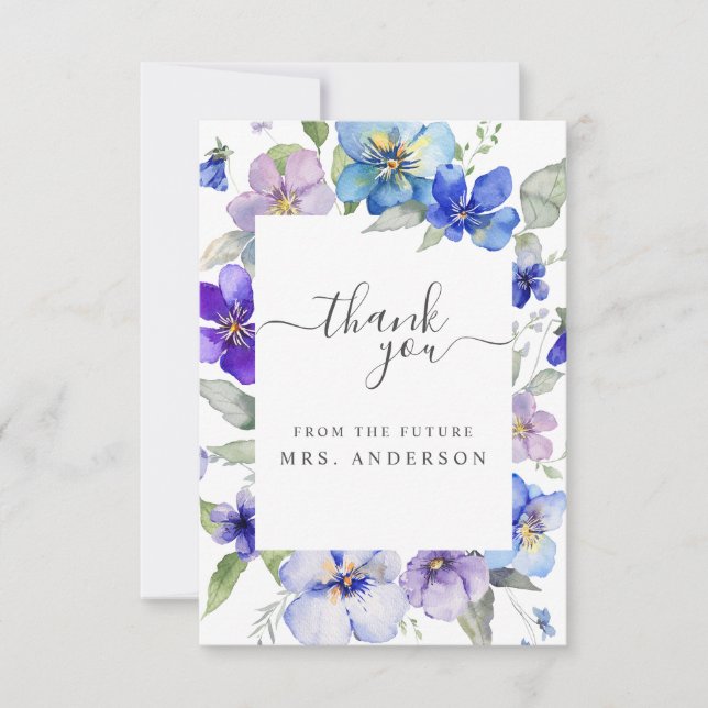 Lavender Navy Floral Violet Purple Bridal Shower Thank You Card (Front)